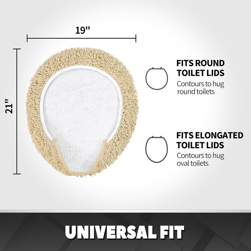 TREETONE Shaggy Chenille Bathroom Toilet Lid Cover, Ultra Soft Plush Seat Covers, Fluffy Absorbent, 19x21 Inches, Standard Toilet Lids for Bathroom Machine Wash & Dry, Beige - Image 2